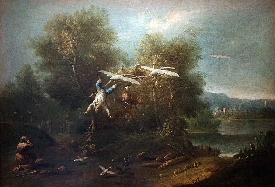 Bertoldino che vola legato alle oche